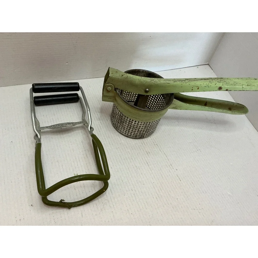 Vintage Potato Ricer Green Metal Hand Press Fruit Masher Farmhouse